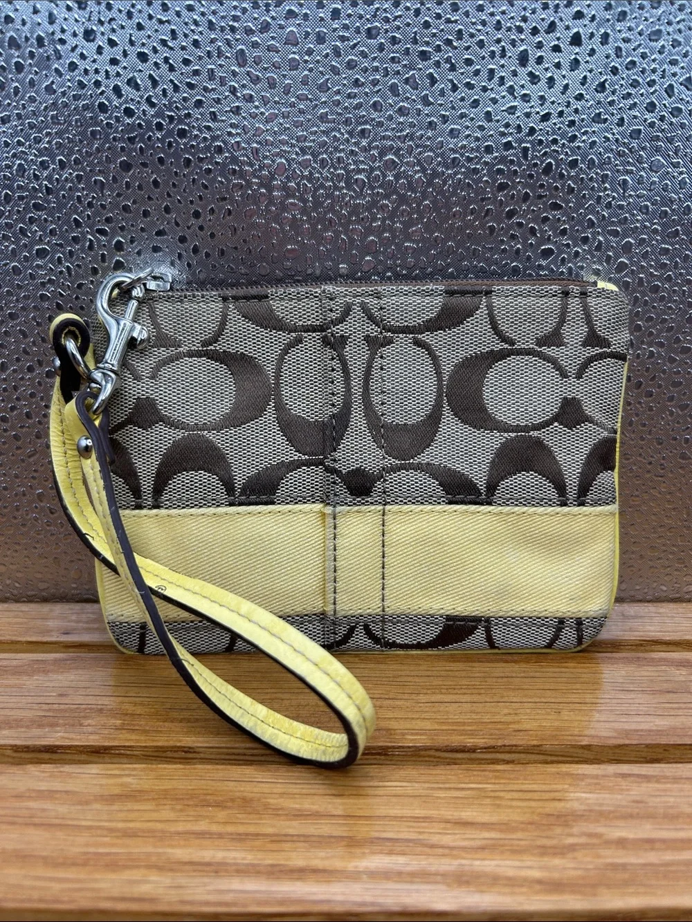 COACH 40028 Legacy Stripe Yellow Brown Monogram Zip Leather Wristlet Tag 6” X 4”